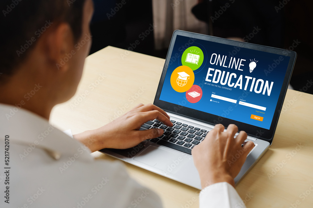 Poster e-learning website with modish sofware for student to study online on the internet network