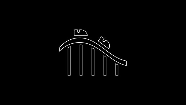 White line Roller coaster icon isolated on black background. Amusement park. Childrens entertainment playground, recreation park. 4K Video motion graphic animation