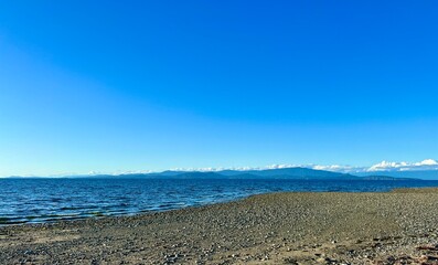 complete calm no wind no waves on pacific ocean looks like a lake on Vancouver island blue water silence calm tranquility and peace great place to relax background Parksville beach Surfside RV resort