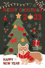 Merry Christmas and Happy New Year card with corgi dog with different winter elements. Cute hand drawn illustration.