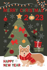 Fototapeta premium Merry Christmas and Happy New Year card with corgi dog with different winter elements. Cute hand drawn illustration.