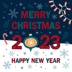 Merry Christmas and Happy New Year 2023 card with different winter elements. Cute hand drawn illustration.