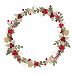 Christmas wreath with different elements. Cute hand drawn illustration.