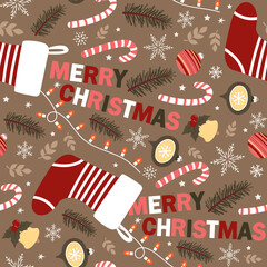 Seamless vector pattern with Christmas elements and inscription Merry Christmas. For fabrics, wrapping paper, wallpapers.