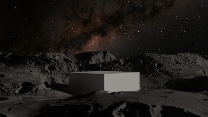 Empty white pedestal on moon surface with beautiful milky way scene, 3D podium for product showcase