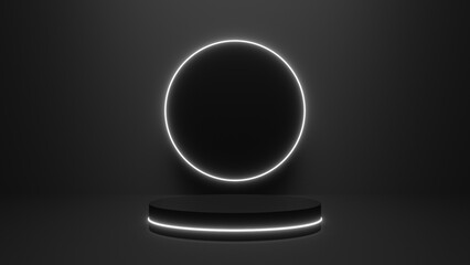 abstract minimalist pedestal with white ring glow, empty podium for product showcase. 3D Rendering