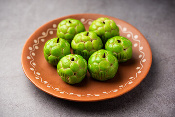 Sitafal peda or pera or custard apple shape designer sweet mithai barfi or burfi