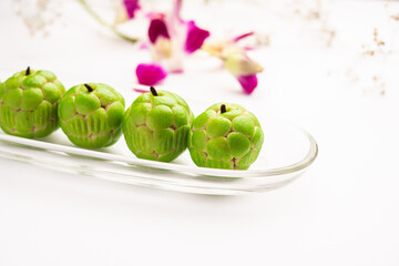 Sitafal peda or pera or custard apple shape designer sweet mithai barfi or burfi