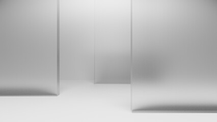 Stylish and futuristic 3d glass morphism partition in empty room, abstract background wall display, 3D Rendering