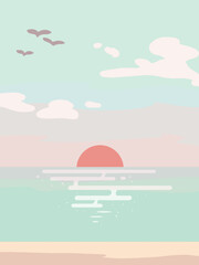 Fototapeta na wymiar Sunset over sea. Vector. Pastel color. Postcard, poster. Background. 