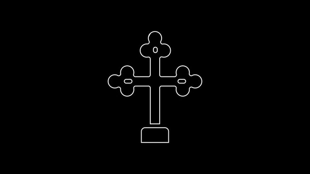White line Christian cross icon isolated on black background. Church cross. 4K Video motion graphic animation