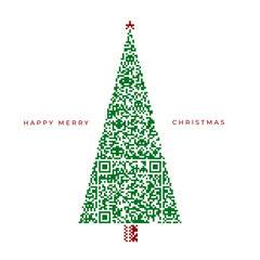 Merry Christmas design with Christmas tree made from scan QR code pattern. Vector