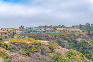 Naklejka premium Suburban houses with glass fence at the edge of the mountain slope at Laguna Niguel