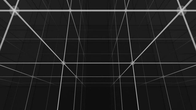 Camera tilting Y into a 3d grid infinite space. High Speed Connection and communication Technology Abstract Background Concept. Digital cyberspace Data Network Connections. 4K Seamless Loop. 