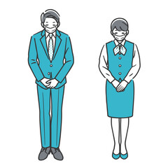 お辞儀をする男性と女性（マスク姿）
