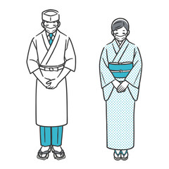 お辞儀をする和食店の店員（マスク姿）