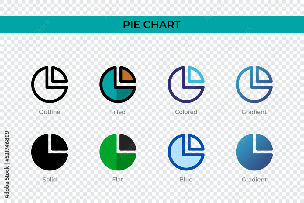 Poster pie chart icon in different style. pie chart vector icons designed in outline, solid, colored, fille