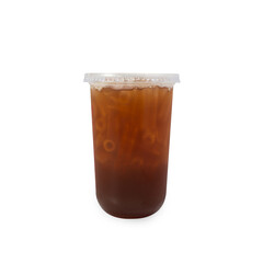 Ice tea in clear plastic glass isolated on white background with clipping path.