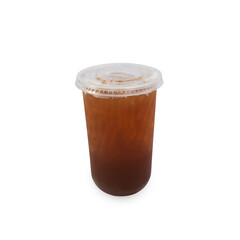 Ice tea in clear plastic glass isolated on white background with clipping path.