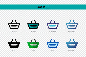 Bucket icon in different style. Bucket vector icons designed in outline, solid, colored, filled, gradient, and flat style. Symbol, logo illustration. Vector illustration