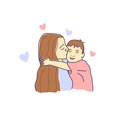 Mother and baby. Motherhood love. Mom kissing a child hand drawn style. Happy mothers day vector illustration