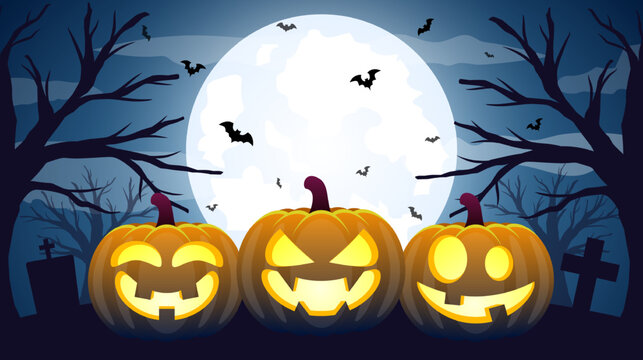 Halloween spooky night background vector. Halloween illustration with pumpkins, bats with full moon. Party banner design