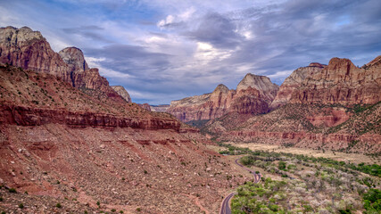 Aerial View of the Beautiful Spires and Mountains of Zion National Park from just outside of the Southern Park Entrance