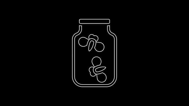 White line Fireflies bugs in a jar icon isolated on black background. 4K Video motion graphic animation