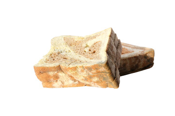 Rotten bread on white background, moldy bread or expired bread