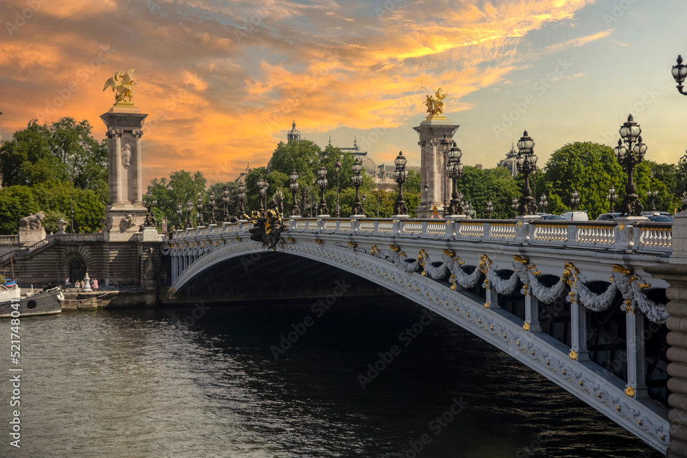 Wall mural Alexander III Bridge over the Seine River in Paris and is the most beautiful of the Parisian city, located next to the Eiffel Tower that attracts tourists and travelers.