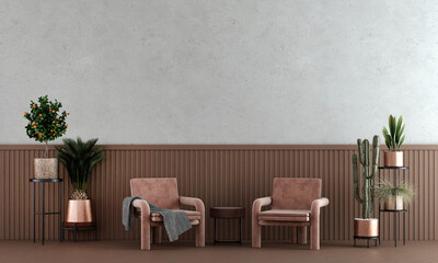 Modern living room and furniture decoration and empty concrete wall texture background interior design.