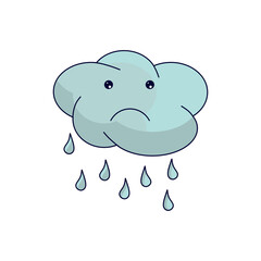 Doodle cloud with raindrop. Cloud and rain emoticon isolated on white. Children's drawing by hand.