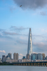 Fototapeta premium Lotte World Tower skyscraper and Han River in Seoul South Korea