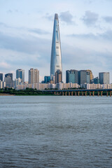 Lotte World Tower skyscraper and Han River in Seoul South Korea