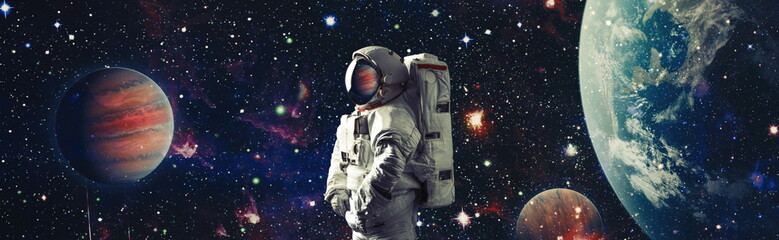 Picture of astronaut spacewalking with glowing stars . Astronaut in outer space. Elements of this...