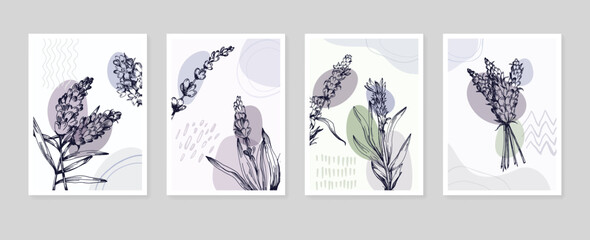 Naklejka na ściany i meble Set of Abstract Lavender Hand Painted Illustrations for Wall Decoration, minimalist flower in sketch style. Postcard, Social Media Banner, Brochure Cover Design Background. Modern Abstract Painting Ar