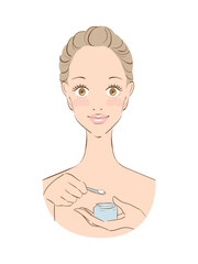 丁寧なスキンケアをする美しい女性　保湿クリーム