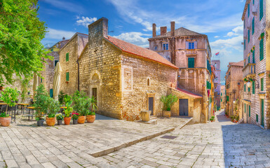 Sibenik old town with historic architecture, dalmatian coast of Adriatic sea, Croatia