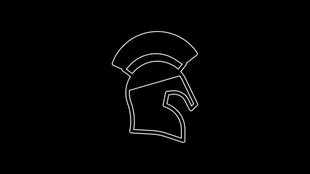 White line Greek helmet icon isolated on black background. Antiques helmet for head protection soldiers with a crest of feathers or horsehair. 4K Video motion graphic animation
