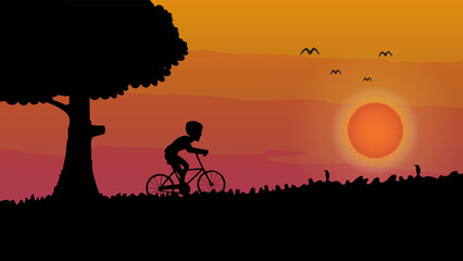 cyclist silhouette in the beautiful sunset sky. Vector illustration