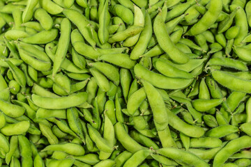 close-up of many green beans in the market