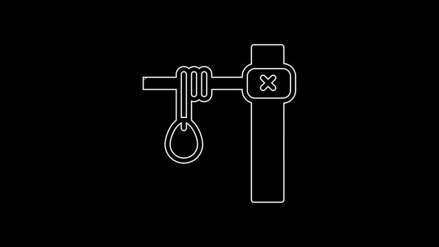 White line Gallows rope loop hanging icon isolated on black background. Rope tied into noose. Suicide, hanging or lynching. 4K Video motion graphic animation