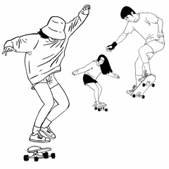 cartoon teenage boys and girls having fun playing skateboards
