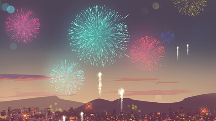 fireworks on a beautiful cityscape anime high definition wallpaper