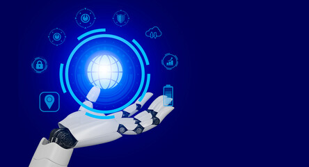 robot hand holding and touching digital world on 3d blue background global communication and network rendering mixed media different icons