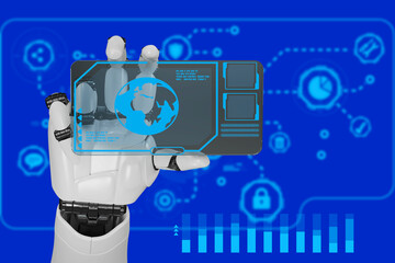robot hand holding and touching digital world on 3d blue background global communication and network rendering mixed media different icons