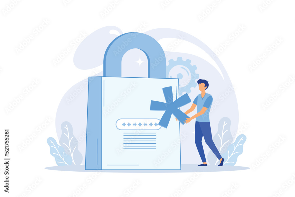 Poster man with key near computer and account login and password. vector male character design concept for 