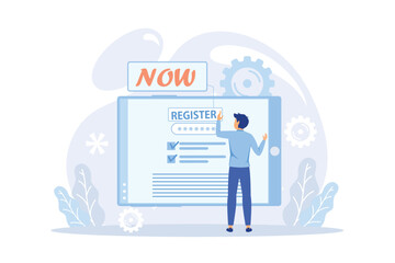 People register online. Registration or sign up user interface. Users use secure login and password. Concept of online registration, sign up, user interface.