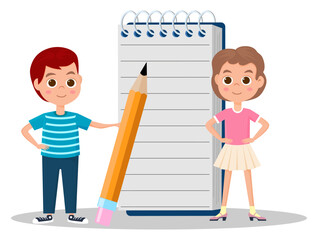 Children and a notepad for notes.A girl and a boy with a pencil and a notebook.Vector illustration.