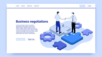 Business negotiations.Businessmen conclude a deal and sign a contract.An illustration in the style of the landing page is blue.
